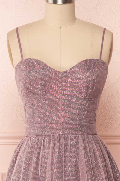 Castalie Lilac Glittery Tulle & Mesh A-Line Dress | Boutique 1861 front close-up