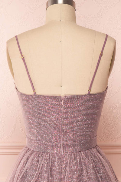Castalie Lilac Glittery Tulle & Mesh A-Line Dress | Boutique 1861 back close-up