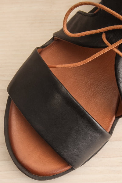 Castella Black Faux Leather Lace-Up Sandals | La petite garçonne flat close-up