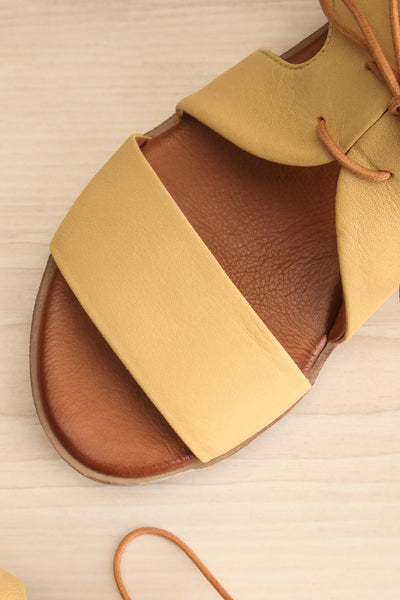 Castella Yellow Faux Leather Lace-Up Sandals | La petite garçonne flat close-up