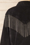 Catacupamba Cropped Denim Jacket w/ Sequin Fringe | La petite garçonne back close-up