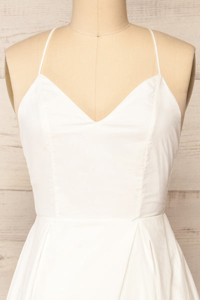 Cataguango White V-Neck Midi Dress | La petite garçonne front close-up