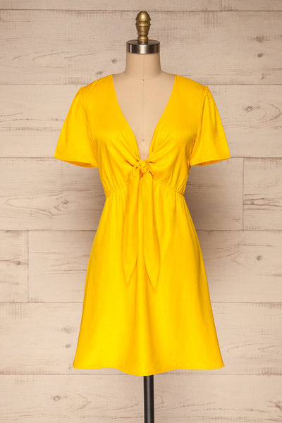 Catanas Yellow Short Sleeve Dress w/ Bow | La petite garçonne front view