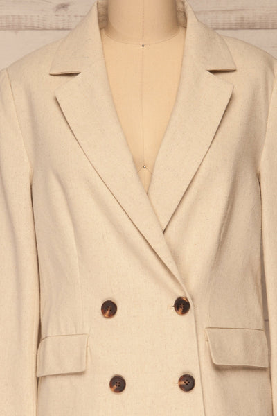 Cayarca Beige Linen Tailored Jacket | La petite garçonne front close-up