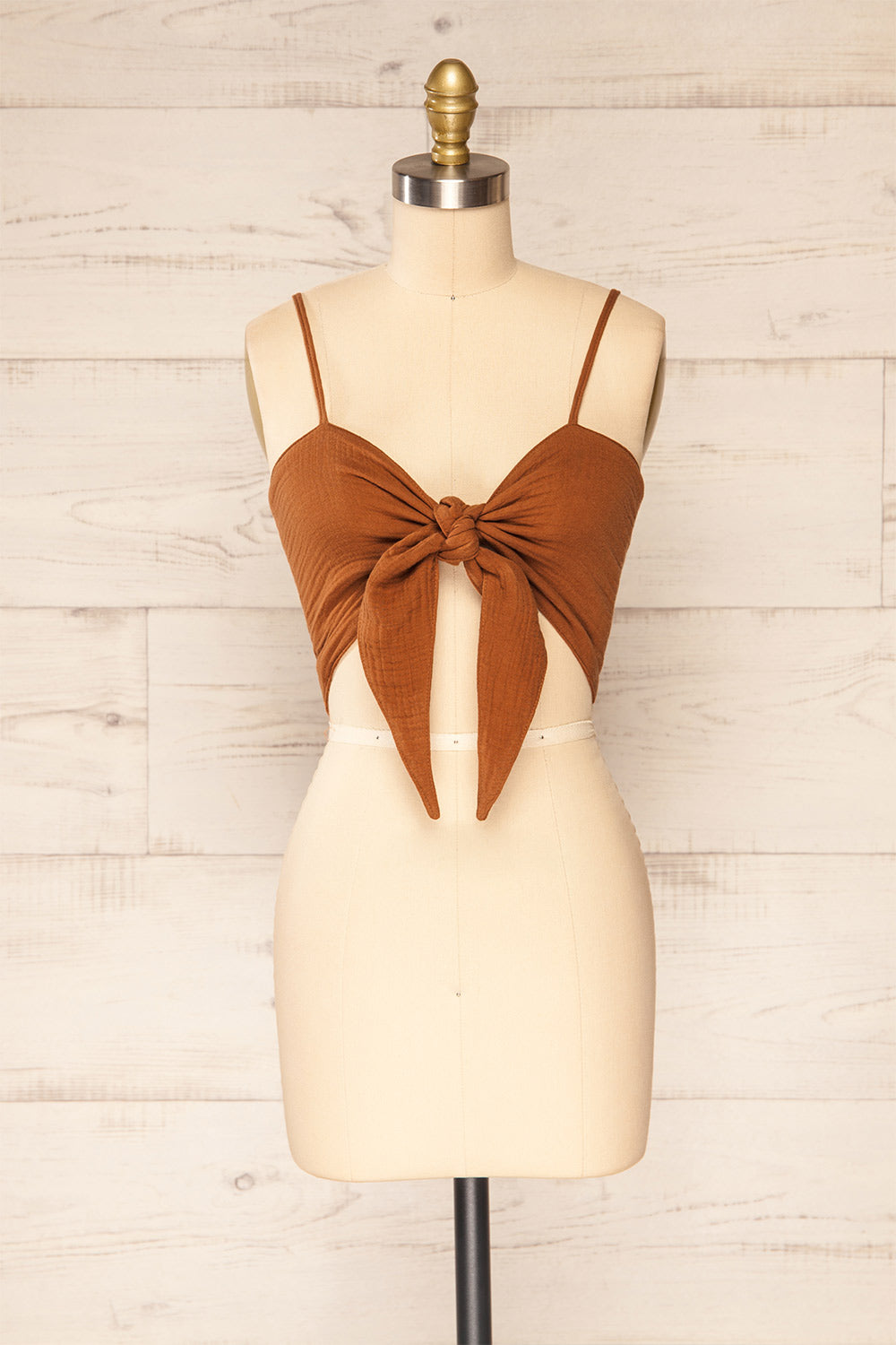 Cecile Cognac Tied Bandeau Crop Top | La petite garçonne front bow view