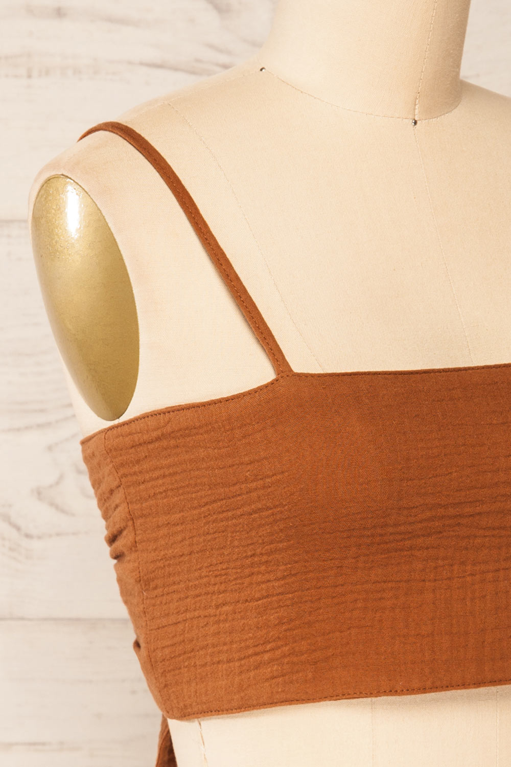 Cecile Cognac Tied Bandeau Crop Top | La petite garçonne side close-up