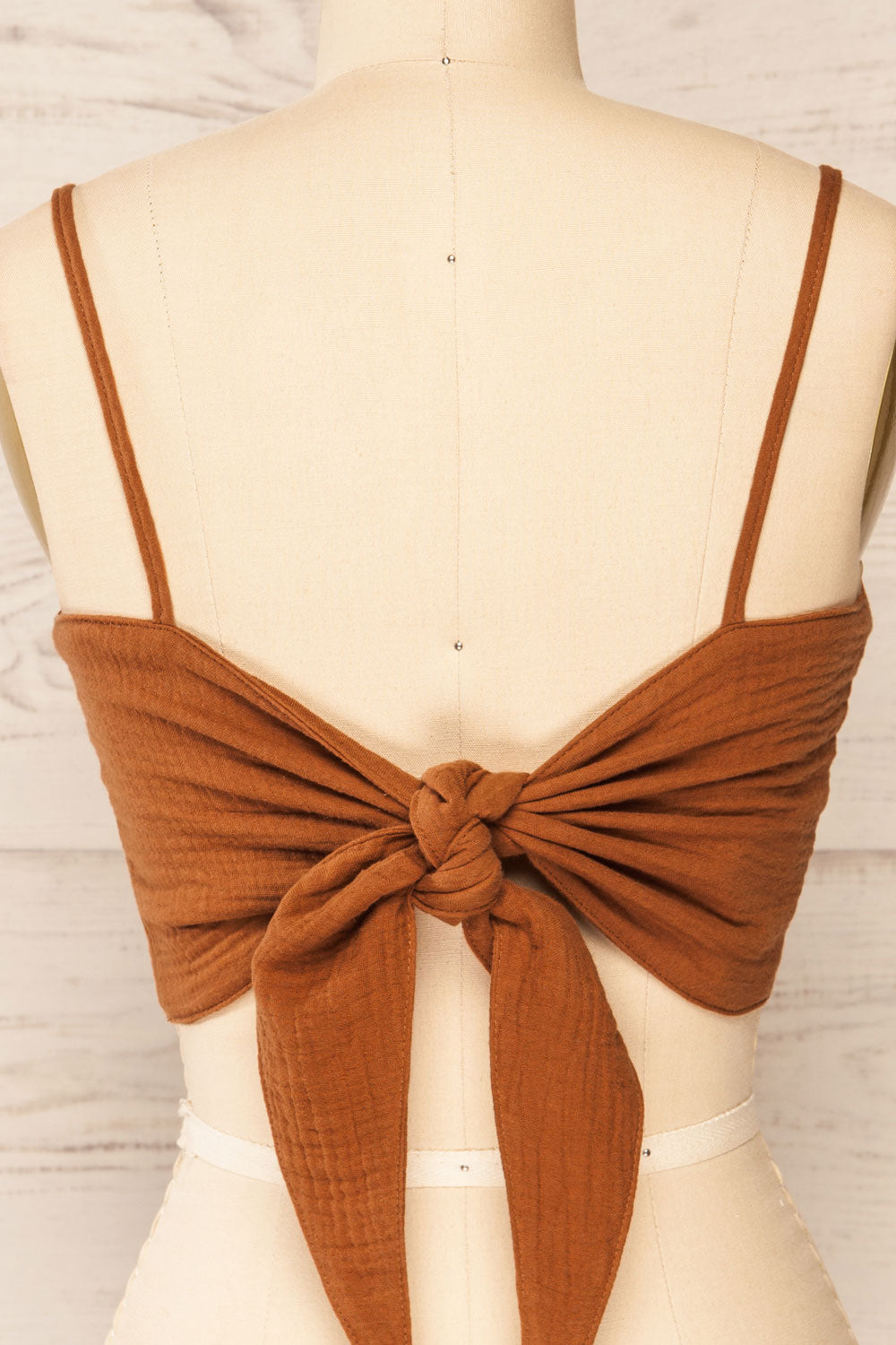 Cecile Cognac Tied Bandeau Crop Top | La petite garçonne back close-up