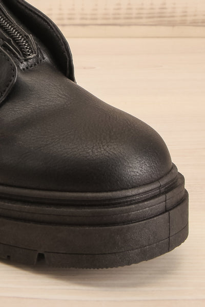 Celeriter Black Faux-Leather Platform Boots | La petite garçonne front close-up