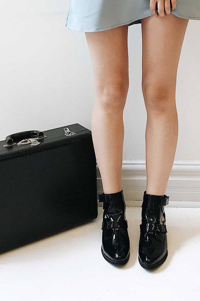 Celinia Black Patent Buckled Ankle Boots | La Petite Garçonne