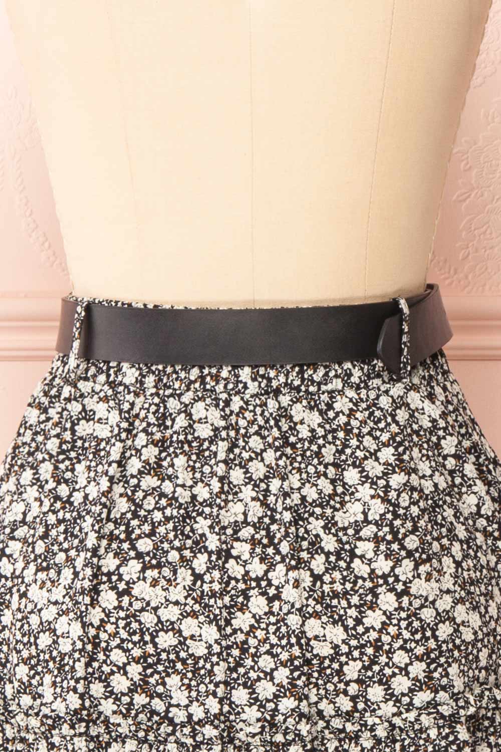 Cendol Black Tiered Floral Midi Skirt w/ Belt | Boutique 1861 back close-up