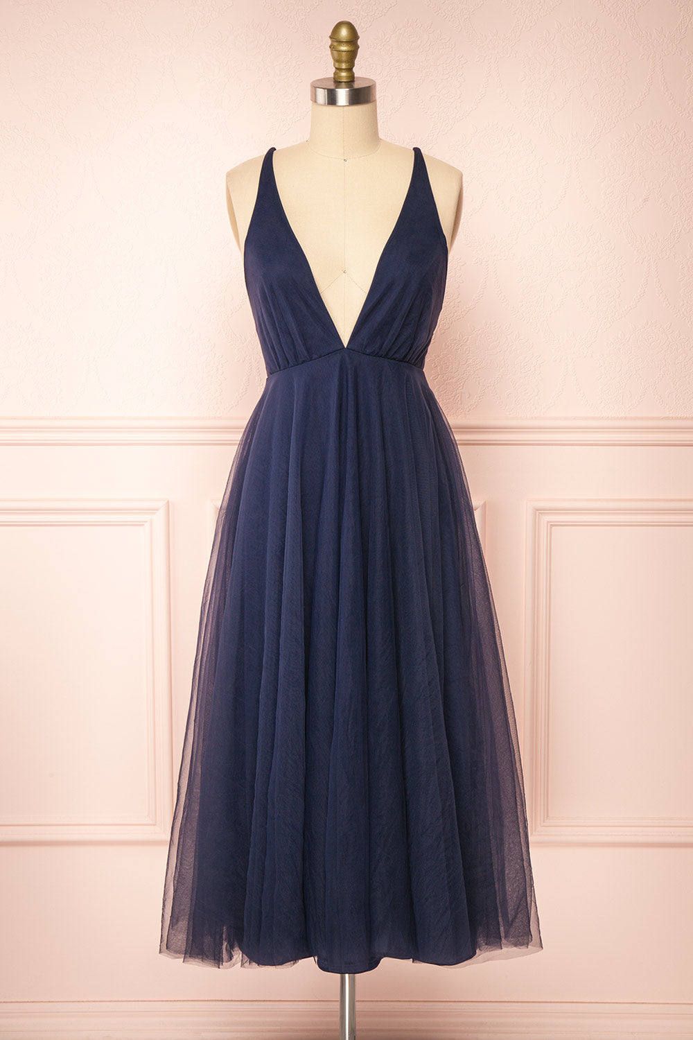 Cersei Navy Plunging Neckline Tulle Midi Dress | Boutique 1861 front view 