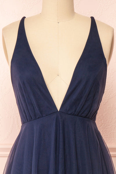 Cersei Navy Plunging Neckline Tulle Midi Dress | Boutique 1861 front close-up