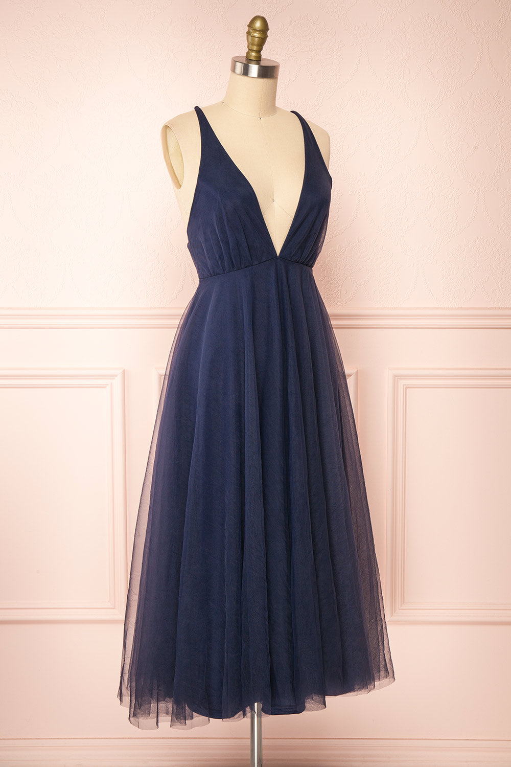 Cersei Navy Plunging Neckline Tulle Midi Dress | Boutique 1861 side view 