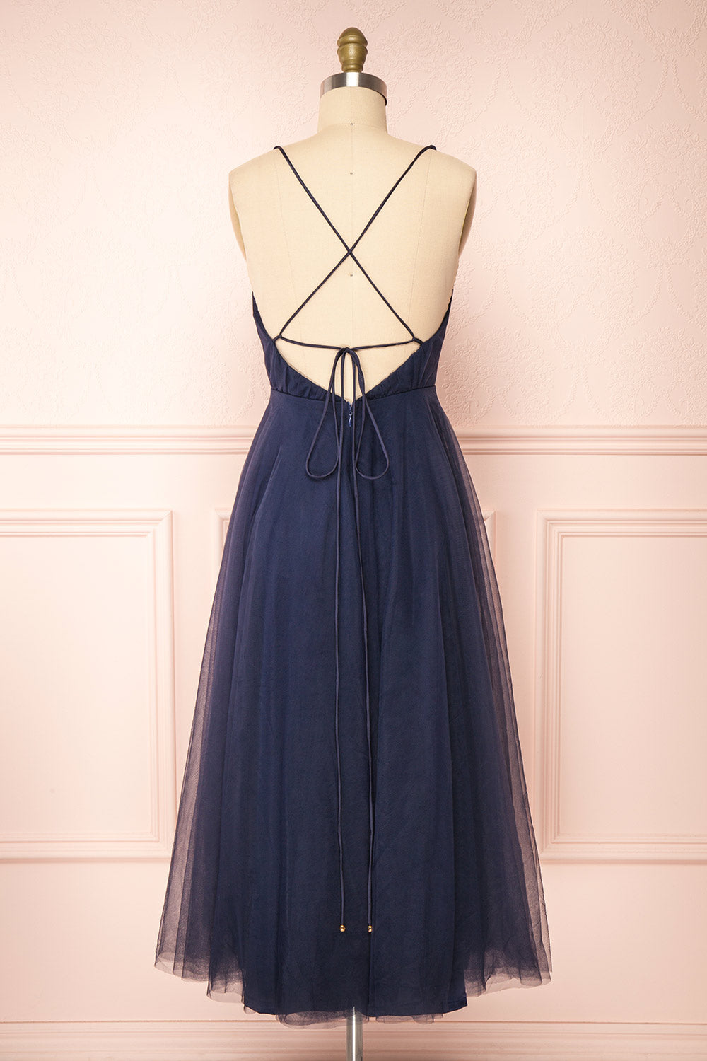 Cersei Navy Plunging Neckline Tulle Midi Dress | Boutique 1861 back view 