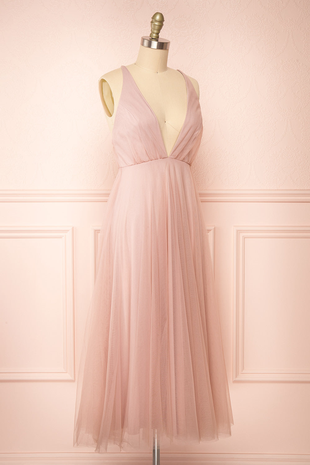 Cersei Pink Plunging Neckline Tulle Midi Dress | Boutique 1861 side view