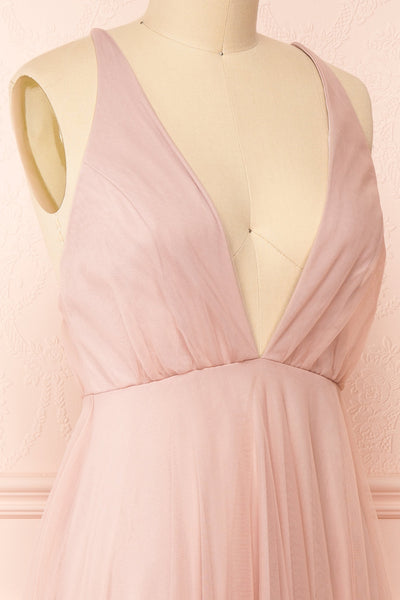 Cersei Pink Plunging Neckline Tulle Midi Dress | Boutique 1861 side close-up