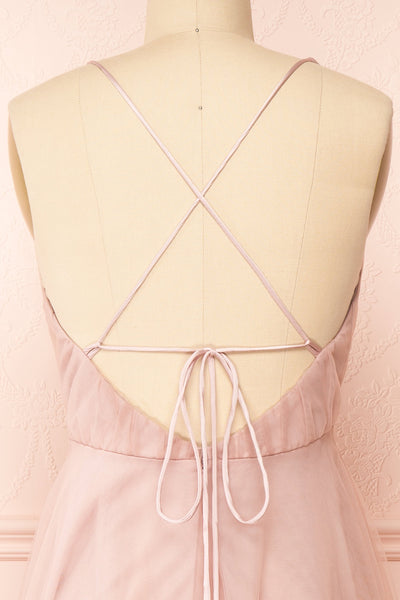 Cersei Pink Plunging Neckline Tulle Midi Dress | Boutique 1861 back close-up