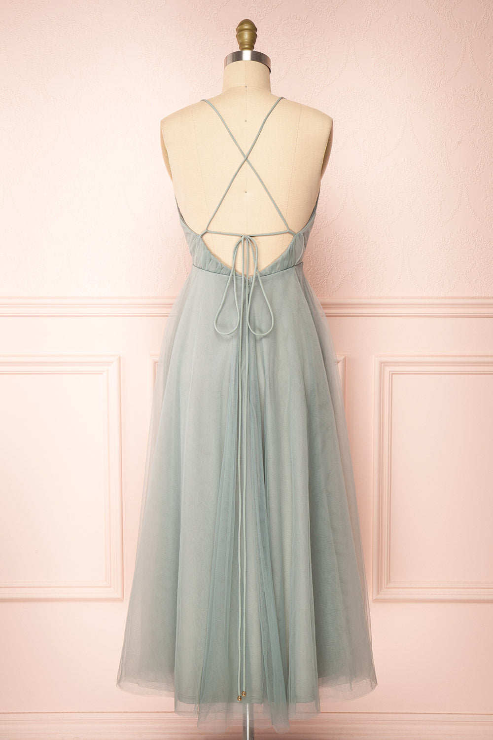 Cersei Sage Plunging Neckline Tulle Midi Dress | Boutique 1861 back view 