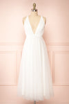 Cersei White Plunging Neckline Tulle Midi Dress | Boutique 1861 front view