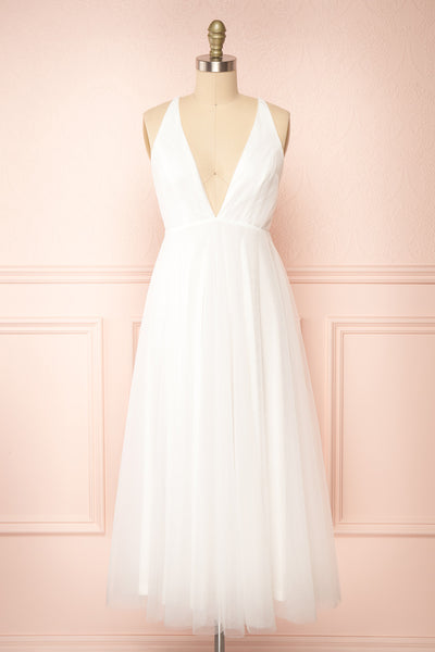 Cersei White Plunging Neckline Tulle Midi Dress | Boutique 1861 front view