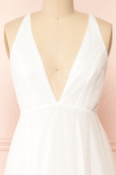 Cersei White Plunging Neckline Tulle Midi Dress | Boutique 1861 front close-up