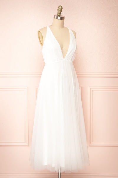 Cersei White Plunging Neckline Tulle Midi Dress | Boutique 1861 side view