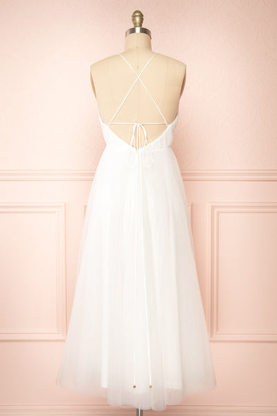 Cersei White Plunging Neckline Tulle Midi Dress | Boutique 1861 back view