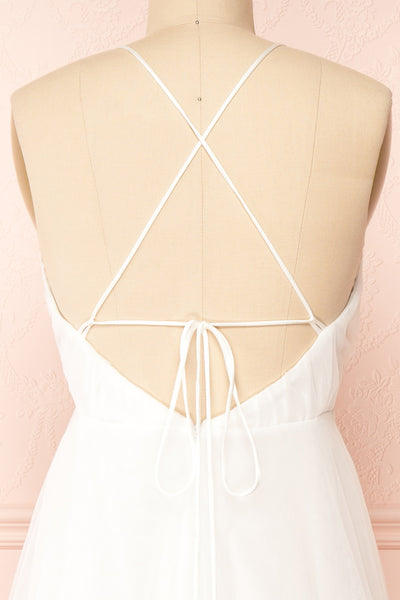 Cersei White Plunging Neckline Tulle Midi Dress | Boutique 1861 back close-up