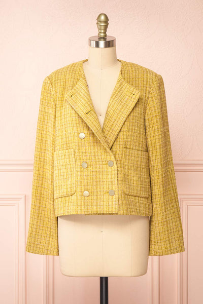 Cerys Vintage Inspired Yellow Tweed Jacket | Boutique 1861  open view