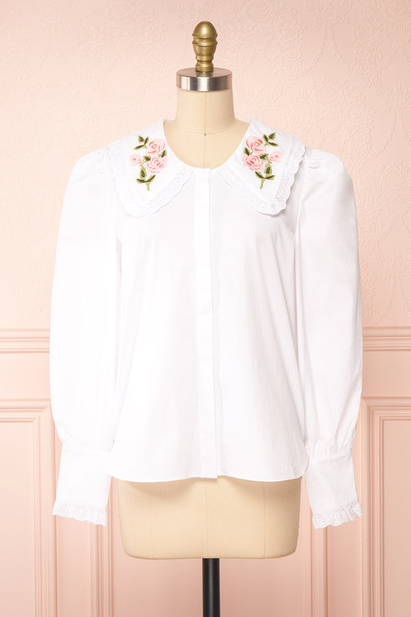 Cesile White Blouse w/ Embroidered Peter-Pan Collar | Boutique 1861