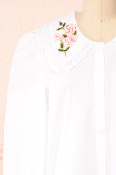 Cesile White Blouse w/ Embroidered Peter-Pan Collar | Boutique 1861 front close-up