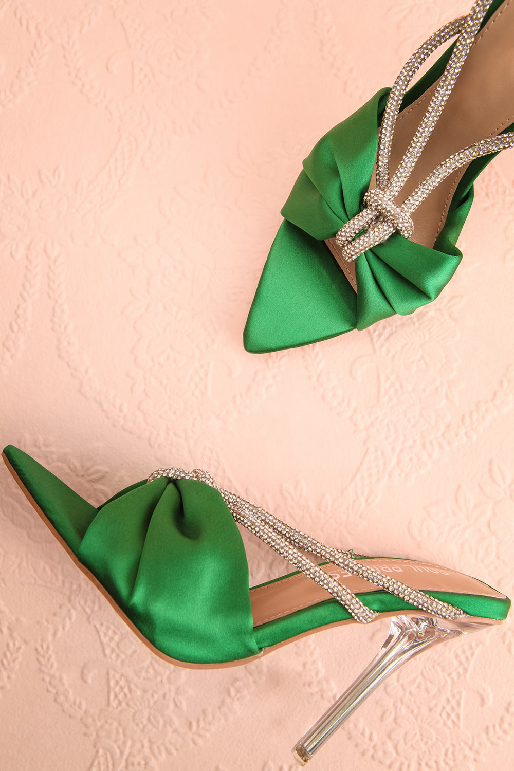 Chamaeleon Green Pointed-Toe Heels w/ Sequin Knot | Boutique 1861 flat view