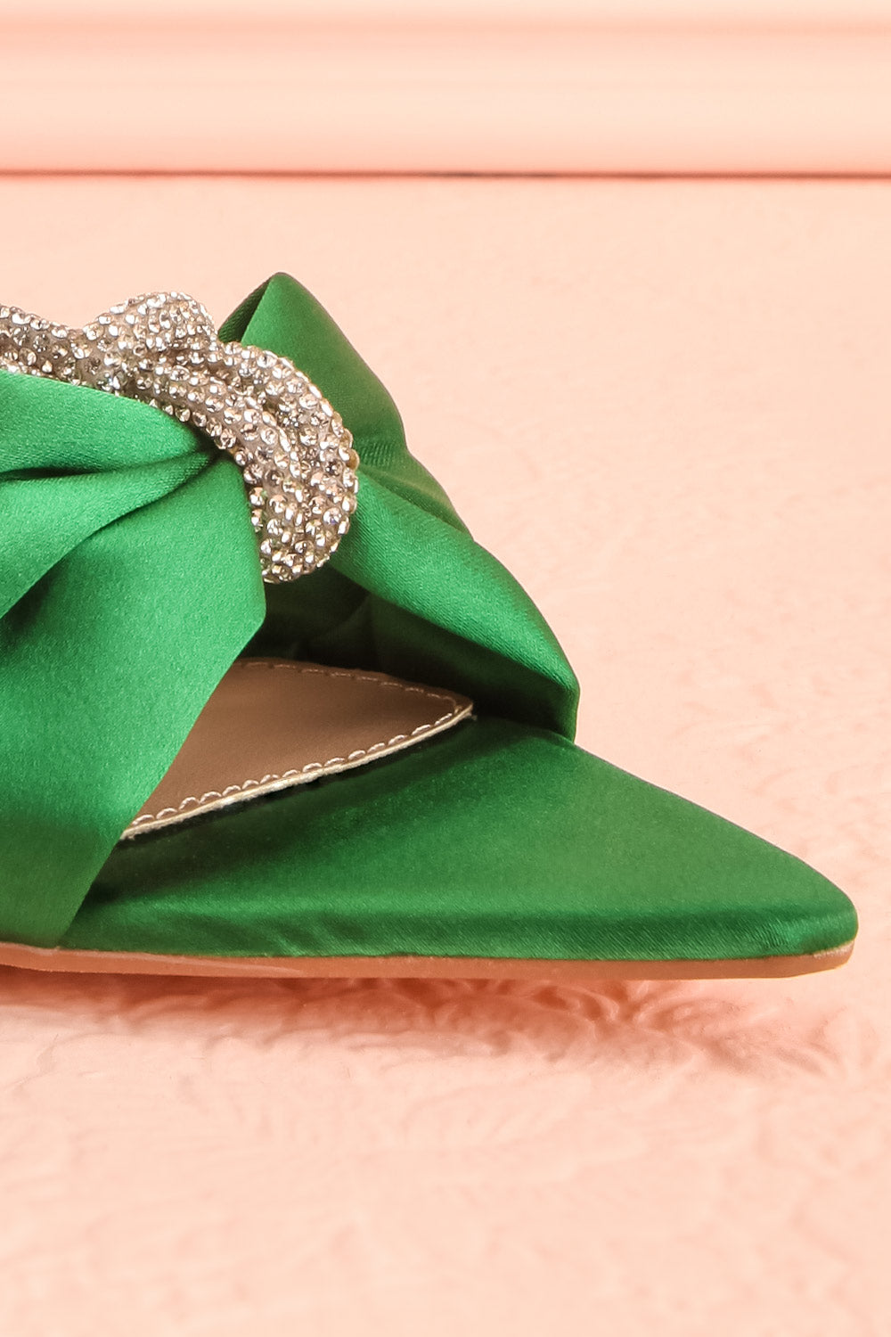 Chamaeleon Green Pointed-Toe Heels w/ Sequin Knot | Boutique 1861 front close-up