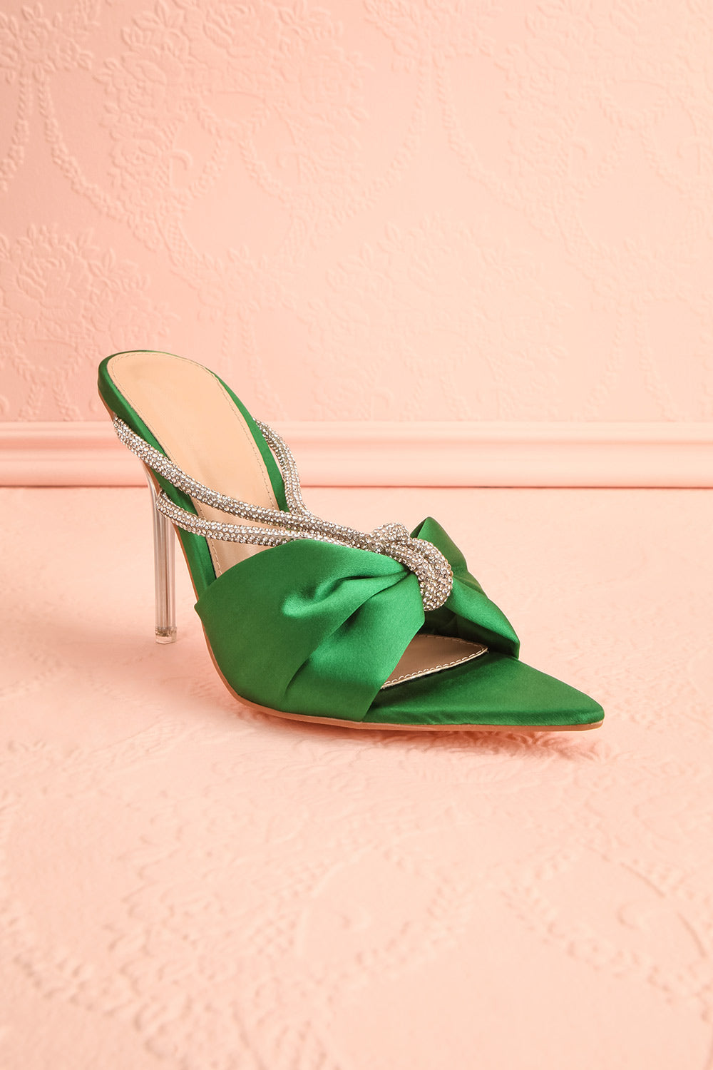 Chamaeleon Green Pointed-Toe Heels w/ Sequin Knot | Boutique 1861 front view