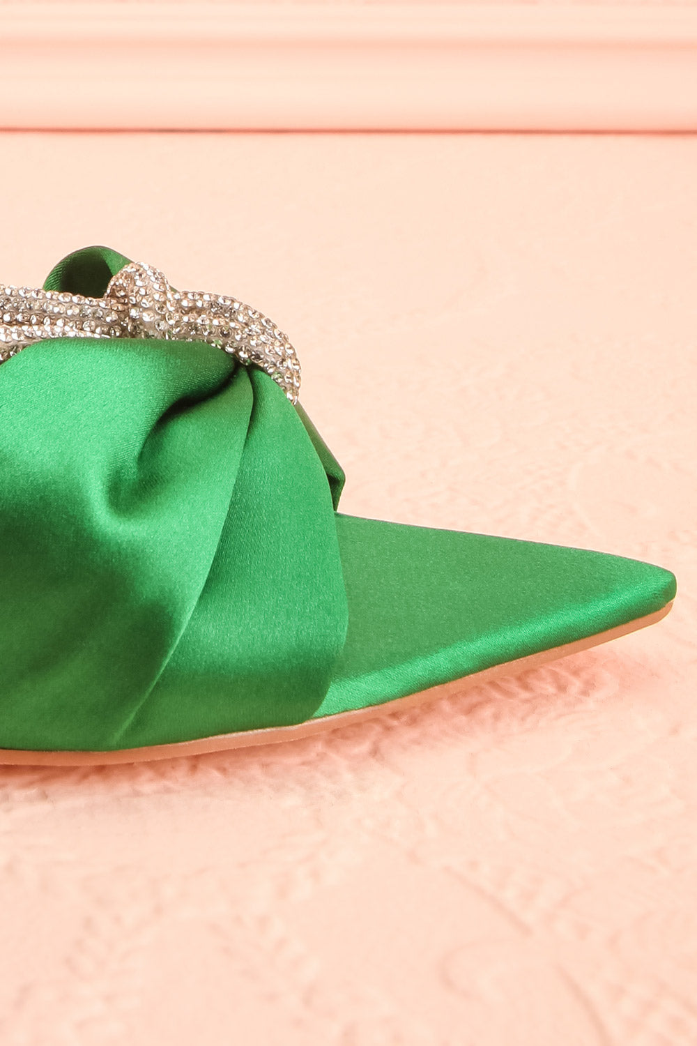 Chamaeleon Green Pointed-Toe Heels w/ Sequin Knot | Boutique 1861 side front close-up