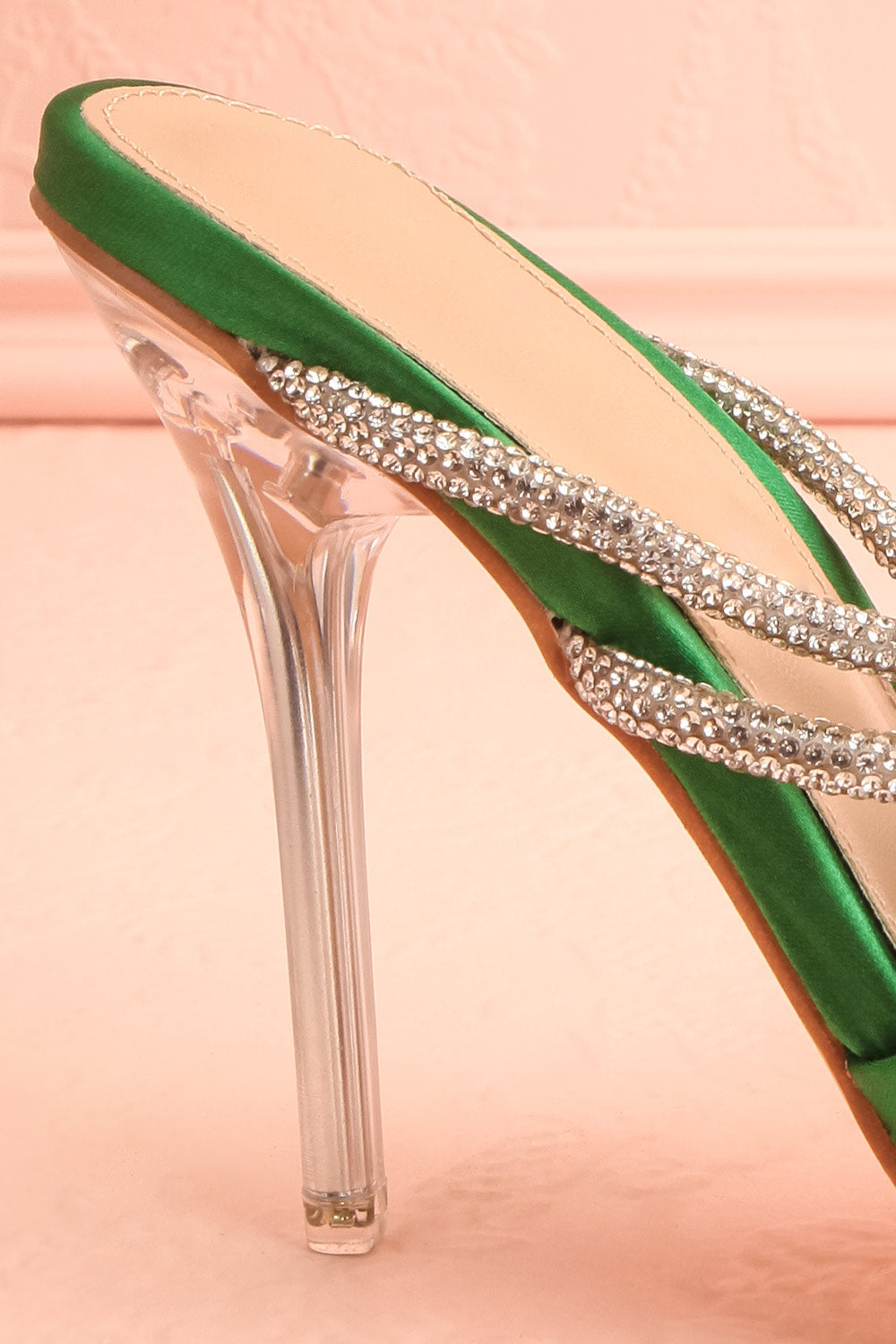 Chamaeleon Green Pointed-Toe Heels w/ Sequin Knot | Boutique 1861 side back close-up