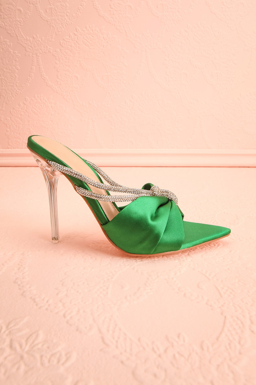 Chamaeleon Green Pointed-Toe Heels w/ Sequin Knot | Boutique 1861 side view
