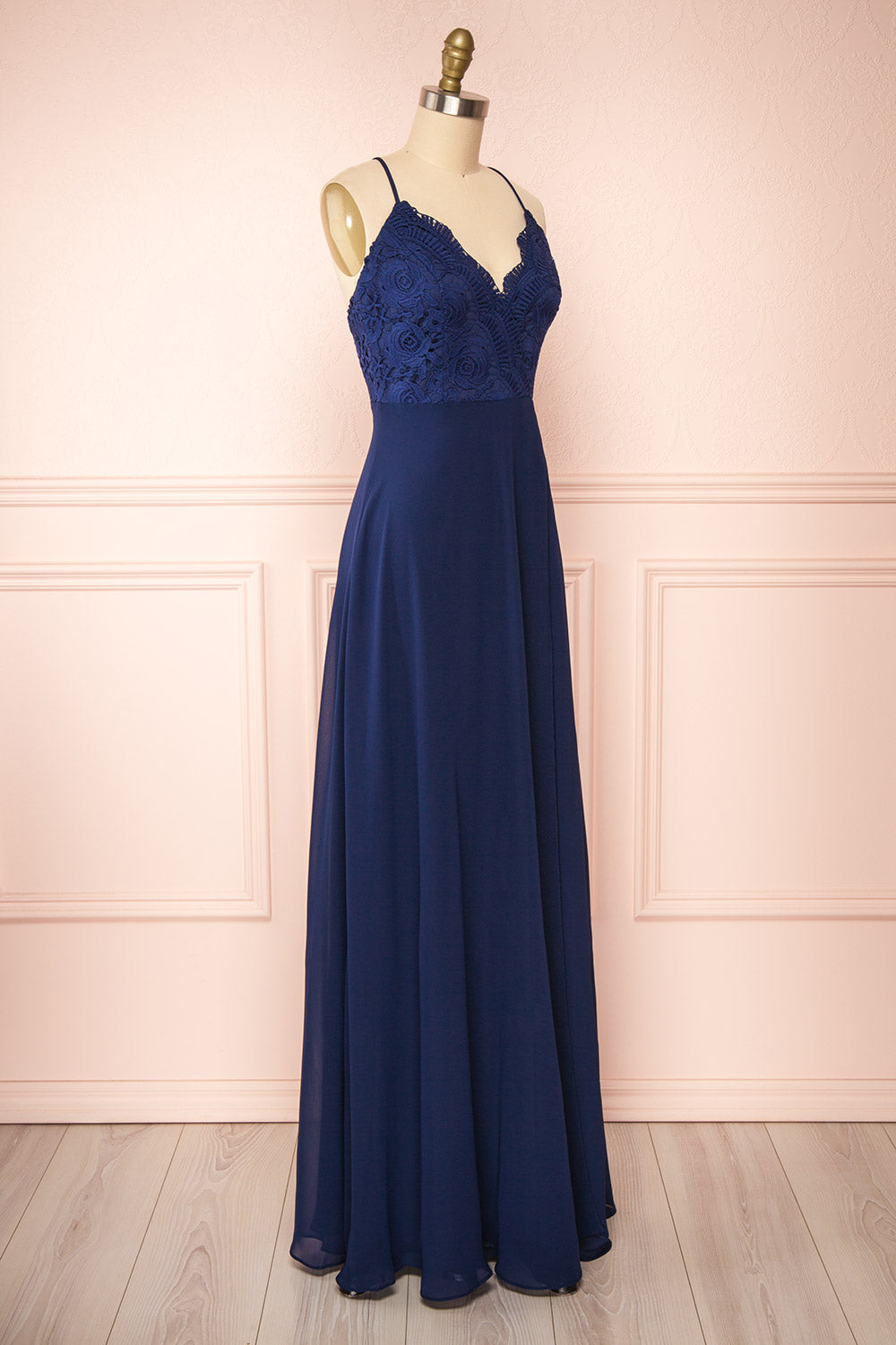 Chantay Navy A-Line Maxi Dress w/ Lace | Boutique 1861 side view
