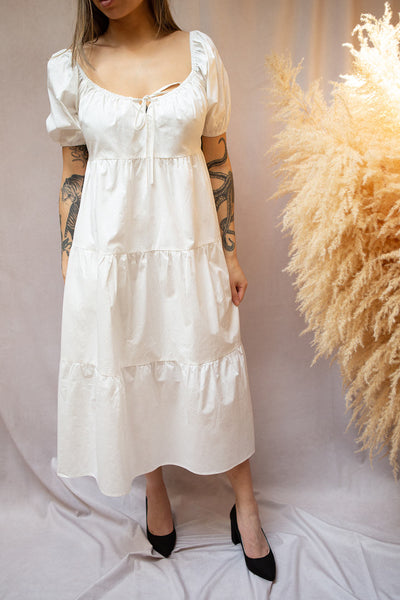 Charity White Puffy Sleeve Tiered Midi Dress | Boutique 1861 on model