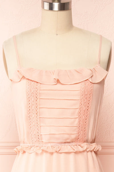 Charly Pink Maxi Dress w/ Ruffles | Boutique 1861 front close up