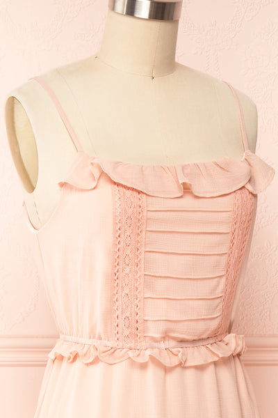 Charly Pink Maxi Dress w/ Ruffles | Boutique 1861 side close up