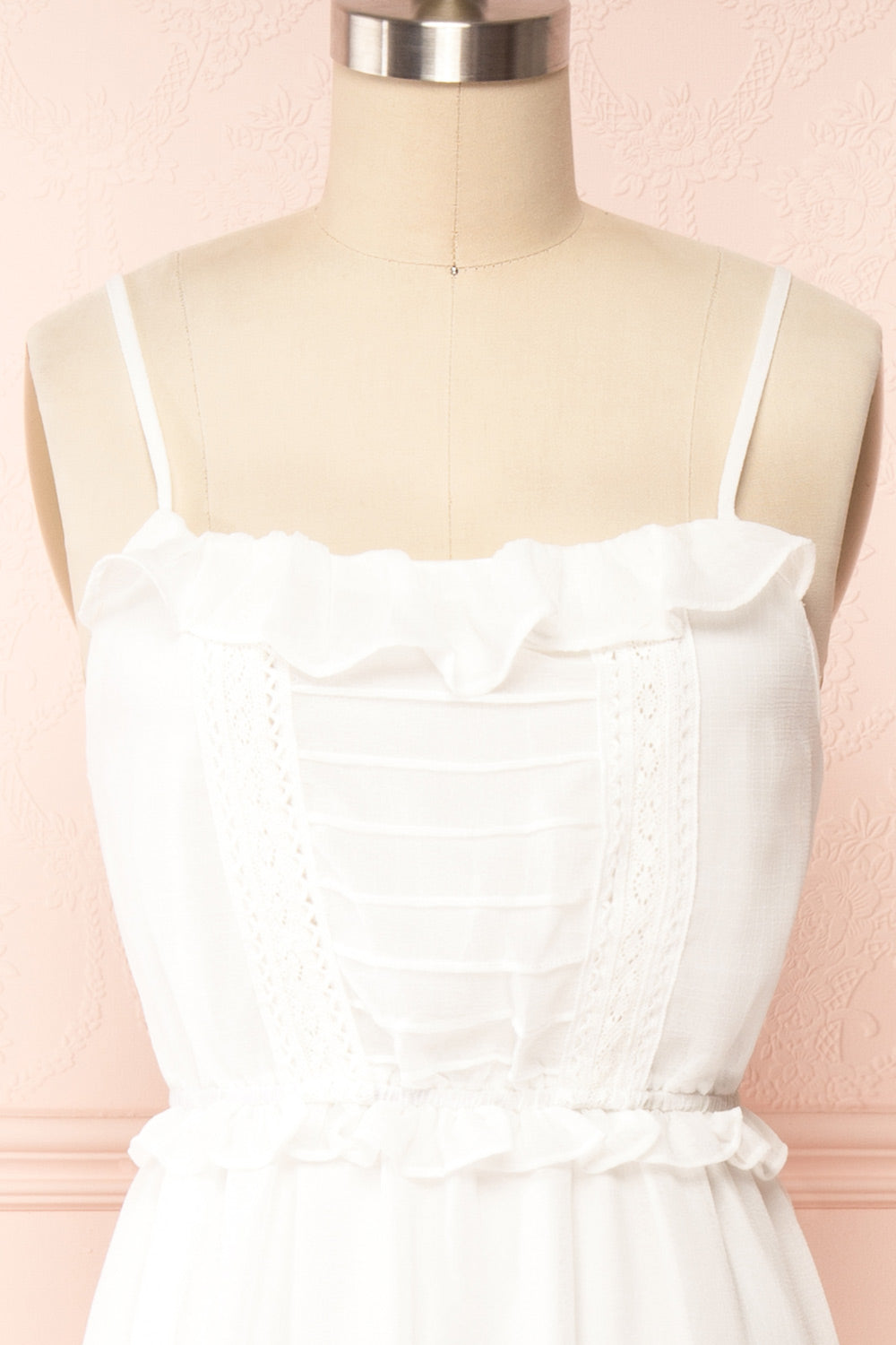 Charly White Maxi Dress w/ Ruffles | Boutique 1861 front close up