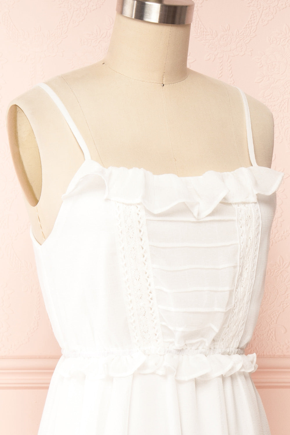 Charly White Maxi Dress w/ Ruffles | Boutique 1861 side close up