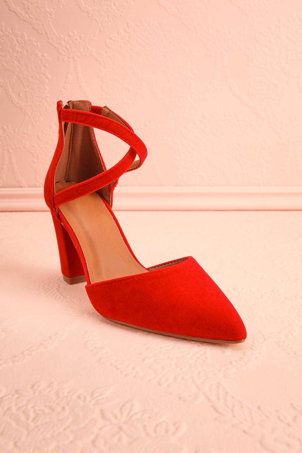 Charmhing Red Cross-Strap Pointed Toe Heels | Boutique 1861 front view
