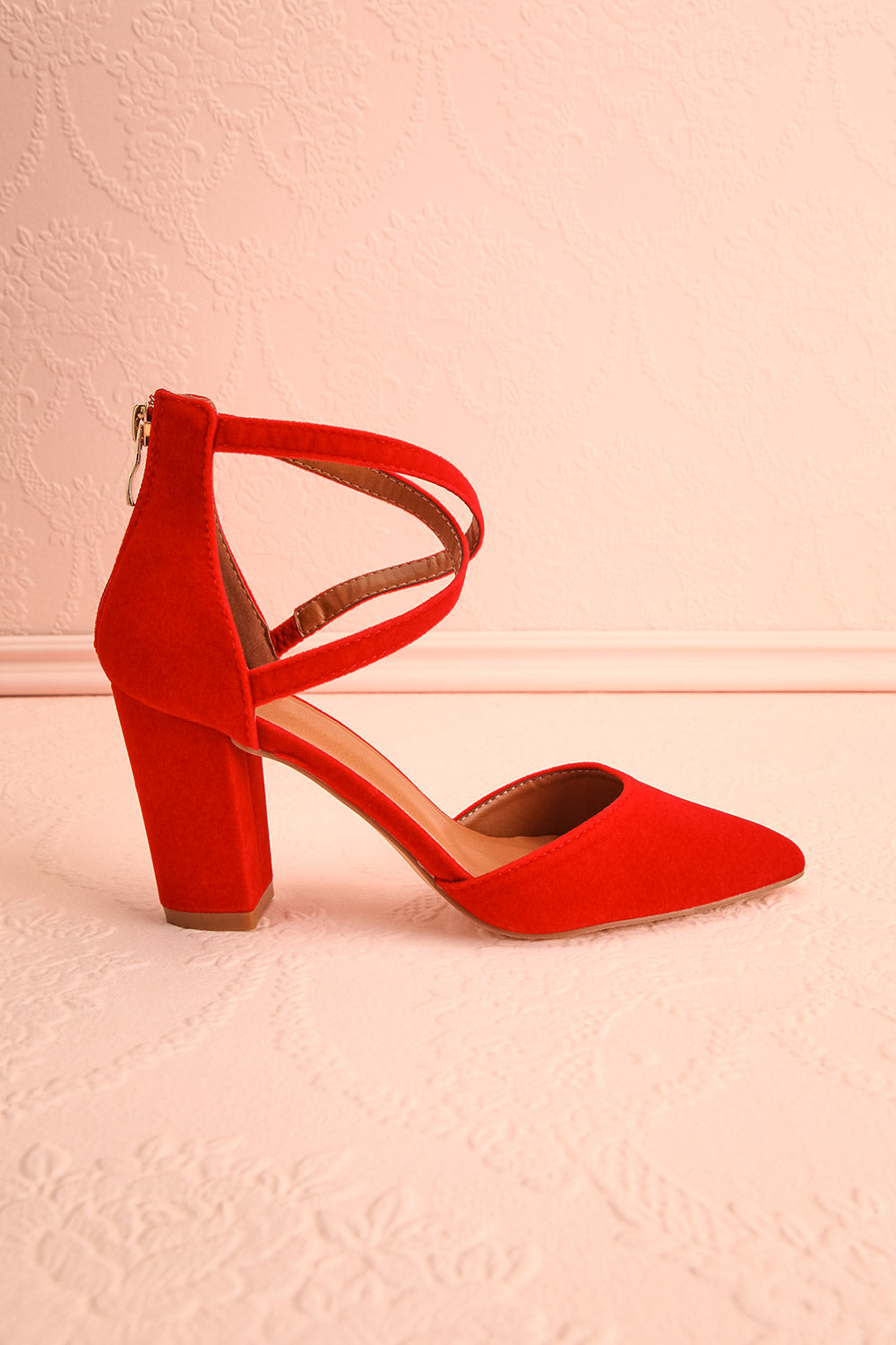 Charmhing Red Cross-Strap Pointed Toe Heels | Boutique 1861 side view