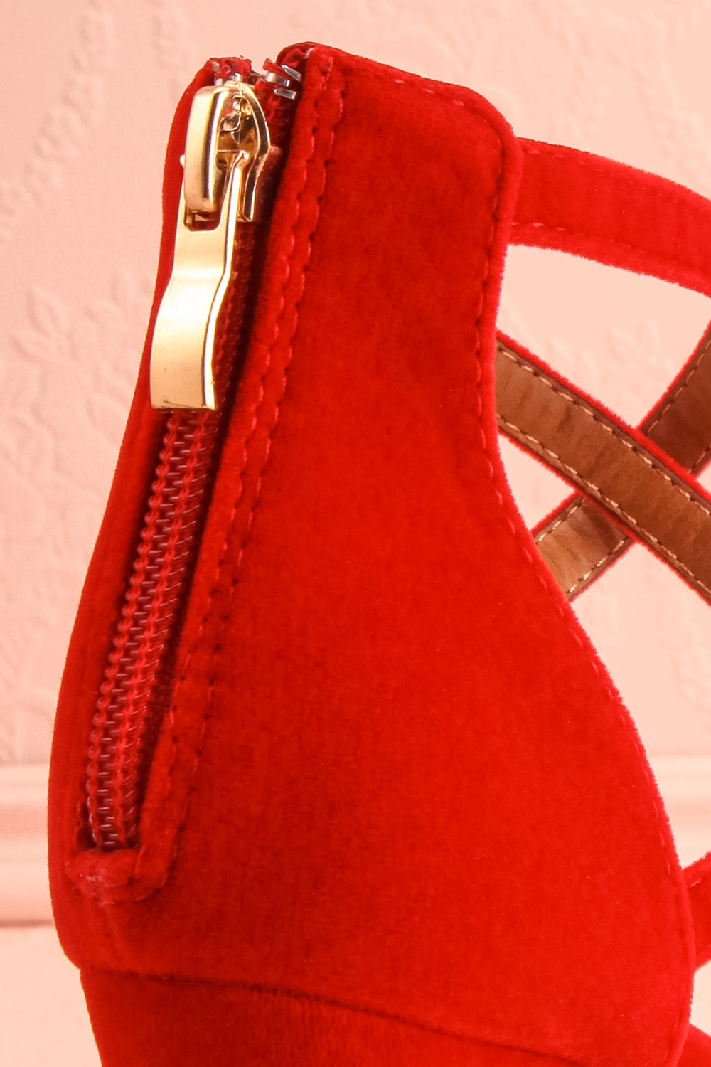 Charmhing Red Cross-Strap Pointed Toe Heels | Boutique 1861 back close-up