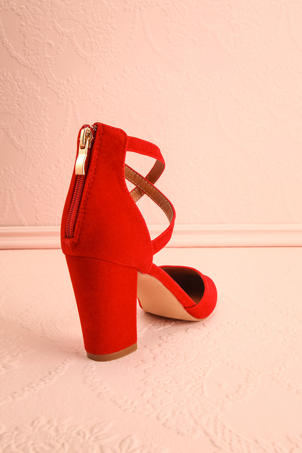Charmhing Red Cross-Strap Pointed Toe Heels | Boutique 1861 back view