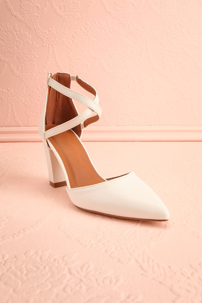 Charmhing White Cross-Strap Pointed Toe Heels | Boutique 1861 front view