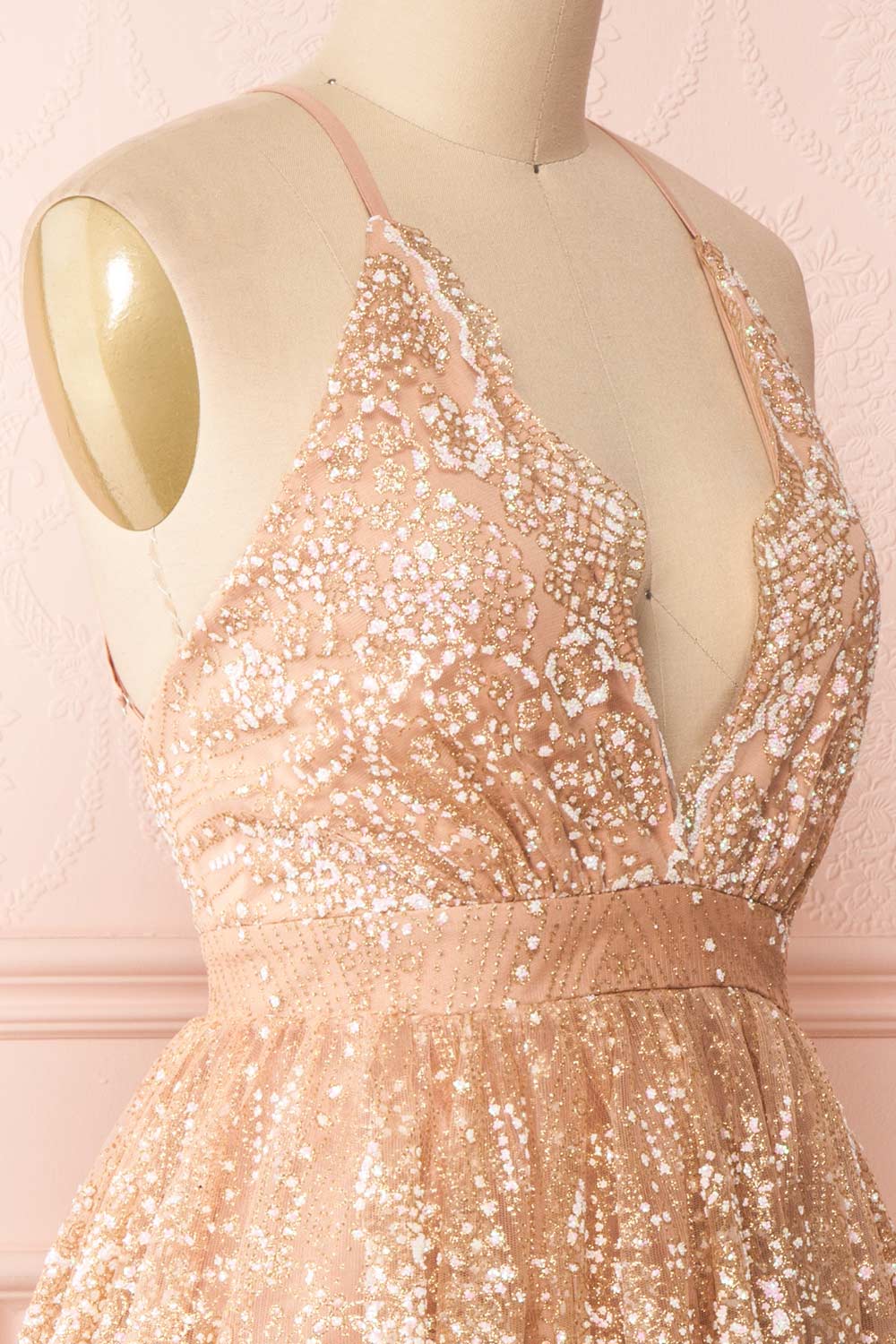 Chayli Rosegold Glitter Party Dress | Robe | Boutique 1861 side close-up