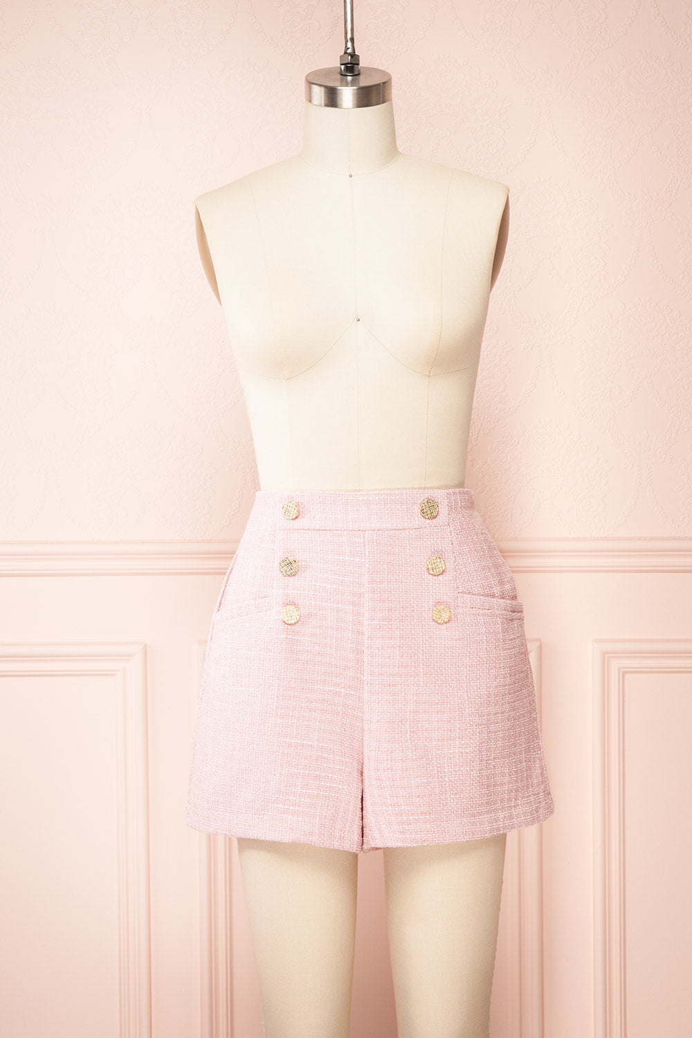 Cheir High-Waisted Pink Tweed Shorts | Boutique 1861 front view